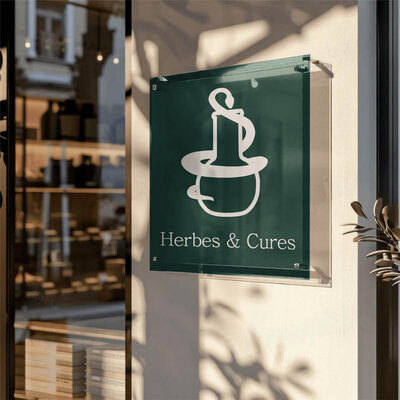 Maquette de présentation de l'identité visuelle de Herbes & Cures, qui représente le panneau de devanture de la pharmacie, affichant le logo icône de la marque aux couleurs de son branding.