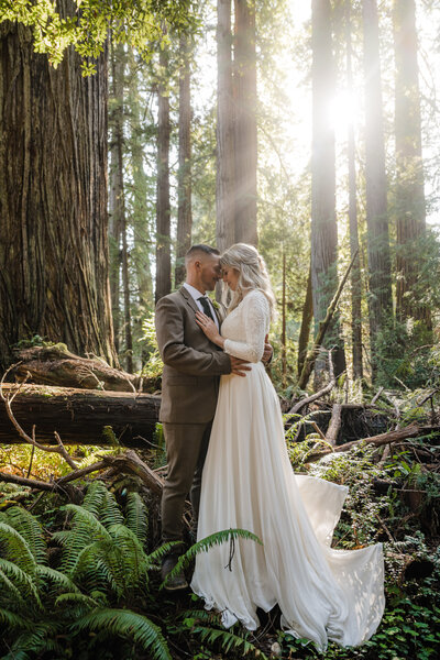 Couple posing for photos at Redwood National Park for their elopement day