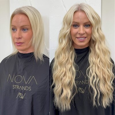 Bright Blonde client with chemical breakage and postpartum hairloss after extensions