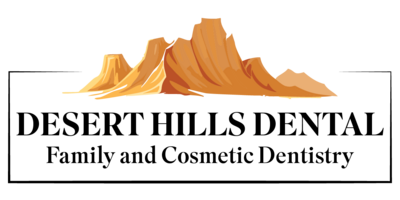 A burnt orange illustration of buttes and rock formations sitting above text that reads "Desert Hills Dental Family and Cosmetic Dentistry". Around the text is an outline of a black box.