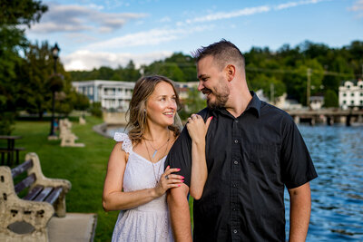 Engagement session of couple walking in North Hatley Quebec