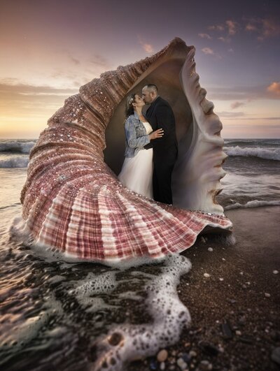 Couple kissing in the shell - bay area wedding photographer