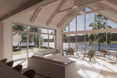 Osterville waterfront home design in Cape Cod with large windows, tall ceilings, and modern architecture by Boston interior decorators Boston MA.