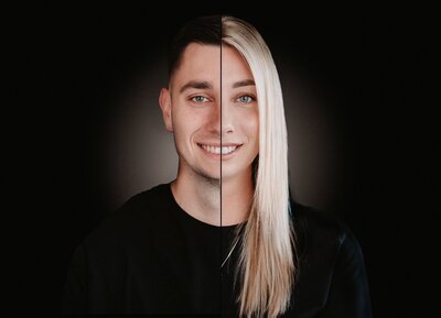 2-1 portret in Zeeland in de daglichtstudio mooi samengesmolten beeld van broer en zus 