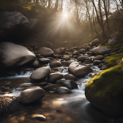 Rocky creek in sunny forest.