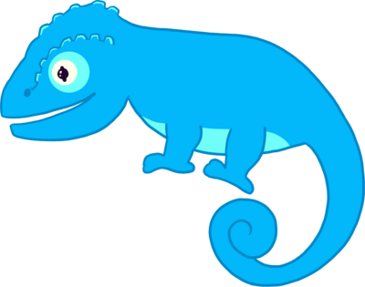 A cartoon chameleon with blue eyes and a long tail, serving as the playful mascot for Gamably.