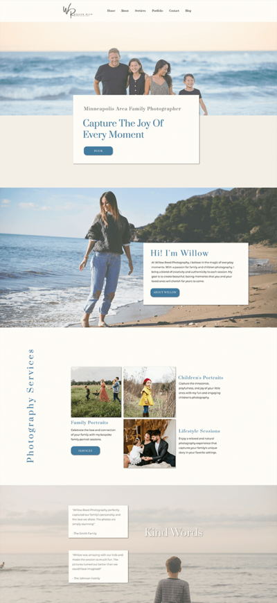 picture of home page of willow reed showit website template
