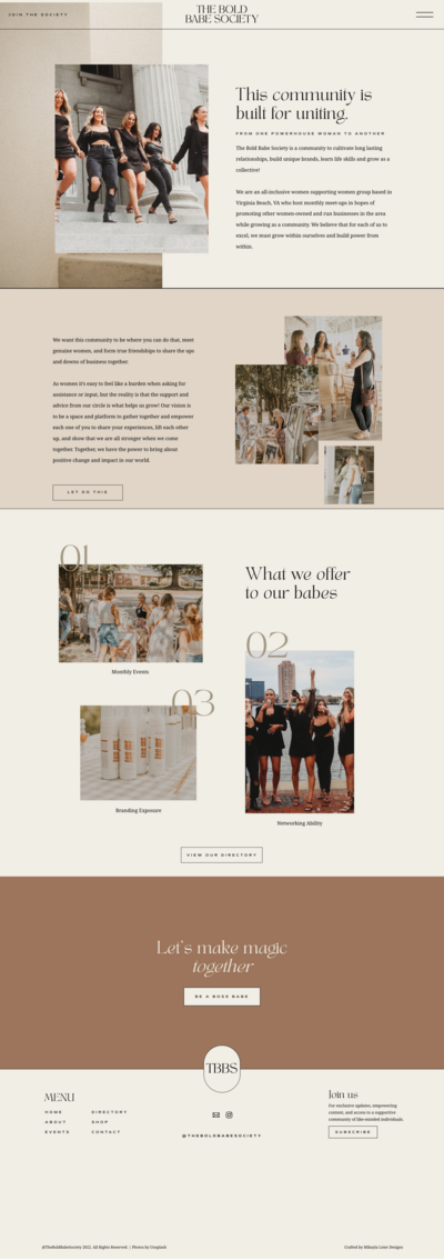 This image displays the "What we offer" section of The Bold Babe Society's website, emphasizing the value proposition for women seeking connection and growth within their community. Website design by The Aesthetic Edit.
