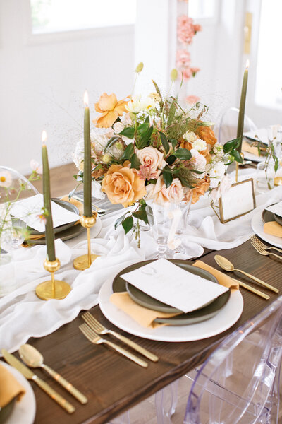 Romantic Tablescape with Green, Gold and Pink Accents