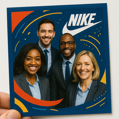 AI photo print with bold corporate logo, colours, and animated design elements surrounding smiling event guests with a custom branding for Nike company