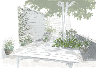 Esquisse d'une terrasse donnant sur un jardin arboré
