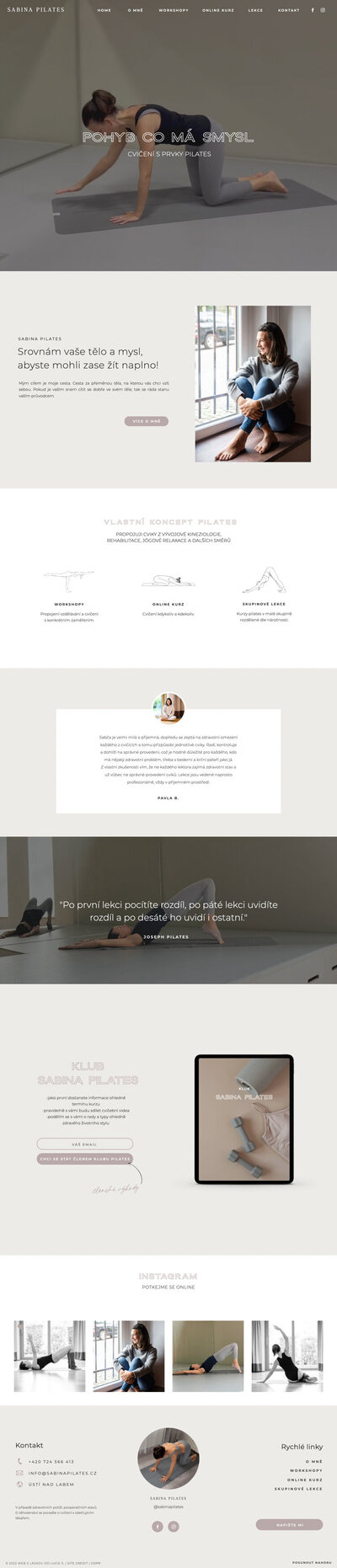 ukázka homepage z webu na míru pro Sabinu Pilates