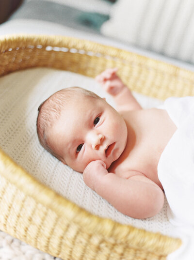 Wide-eyed baby boy lies among white linens in a wicker Moses basket