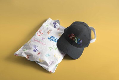 Hat and bag mockup covered in colorful logos