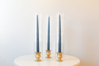 TE Inventory-Short Gold Glass Traditional Taper Candle Bases with Candle and Glass Hurricanes 102