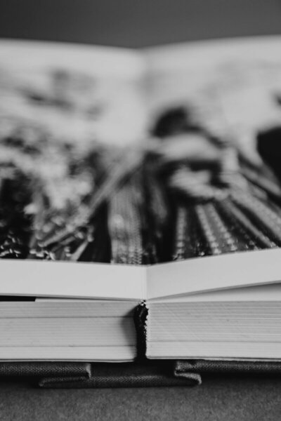 Layflat luxury wedding album view of the spine in black and white