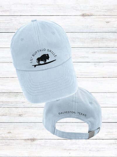 Light blue baseball cap with embroidered Lil' Buffalo Grille logo on the front and “Galveston, Texas” on the back.