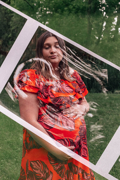 A mother-to-be is captured in Krop Kreative's signature multiple exposure style during a woodsy, maternity lifestyle session. 