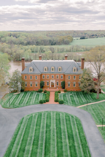 A drone image of the Estate at River Run, a beautiful, luxury estate wedding venue in central Virginia
