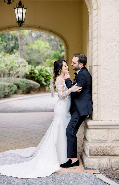 Bride and groom walk up memorial steps at their DC wedding