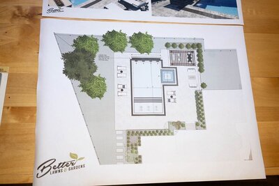 ustom landscape and pool design blueprint by Better Lawns and Gardens, featuring a detailed layout of trees, seating, pool, and hardscape elements for a Little Rock property.