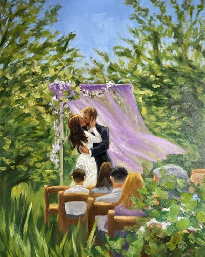 A painted illustration from an artist's creative portfolio that shows a bride and groom kissing at an outdoor alter. 