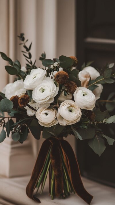 Statement floral arrangement in ivory and greens tied with a rich brown velvet ribbon.