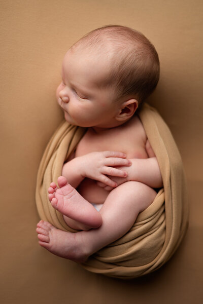 Adorable newborn wrapped in a soft tan blanket