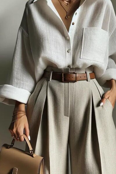 Close-up of a woman wearing a crisp white linen blouse tucked into high-waisted pleated beige trousers with a brown leather belt