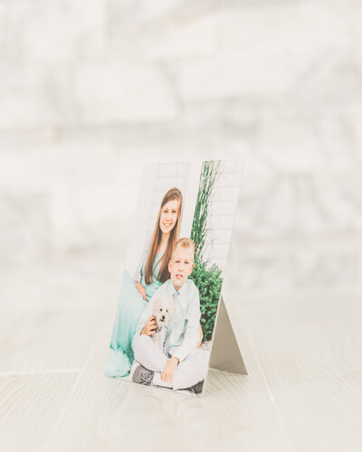 Photo of a boy and girl in a metal print by a brick wall to show a product in an online portrait gallery.