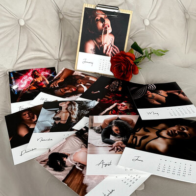 12-month calendar with individual images for each month depicting women in a boudoir photoshoot