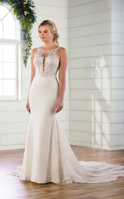 Cammi is all things romantic, with off-shoulder sleeves and braided lace detail down the train.