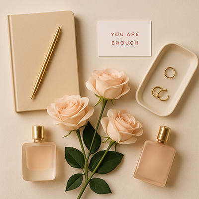 Flat lay with roses, perfume, notebook, and a card reading 'You Are Enough' symbolizing self-worth and elegance.