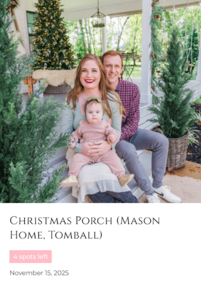 family with baby in front porch with Christmas decorations