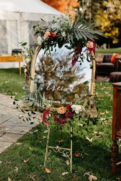 Ornate gold mirror wedding welcome sign for Hudson Valley wedding
