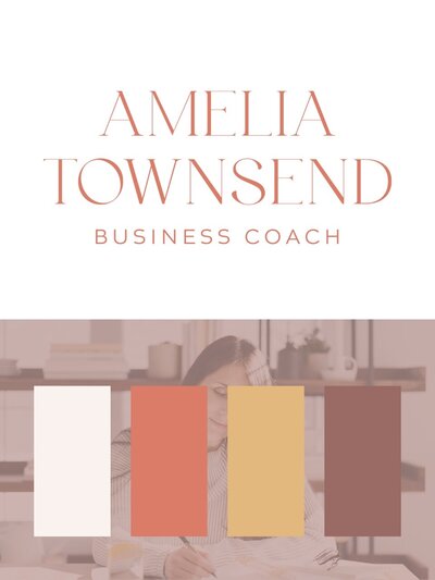 Amelia Townsend’s logo in Hibiscus Clay shown above four swatches: Porcelain Blush, Hibiscus Clay, Sunbeam Ochre, and Slate Rosewood. Background image features Amelia journaling in a cozy, sunlit office—evoking thoughtful clarity and bold momentum.