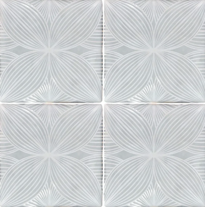 Mint colored mosaic tile with white floral pattern.
