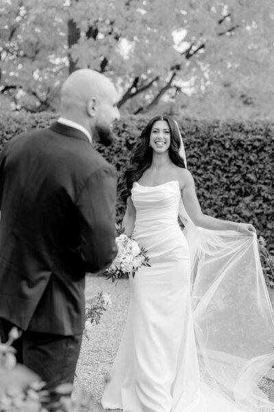 Bride and groom walk up memorial steps at their DC wedding