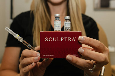 Close up of Kylee holding 2 small bottles of injectables and a box of Sculptra.