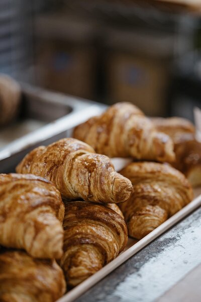Buttery, flaky croissants on a pan
