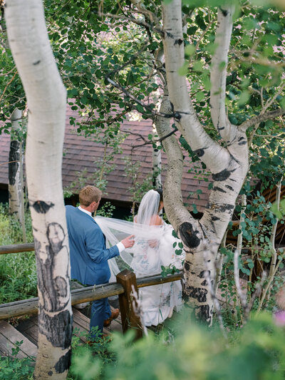 bride and groom walking down stairs in between aspen trees in Grand Lake CO by Colorado Wedding Photographer JKG Photography