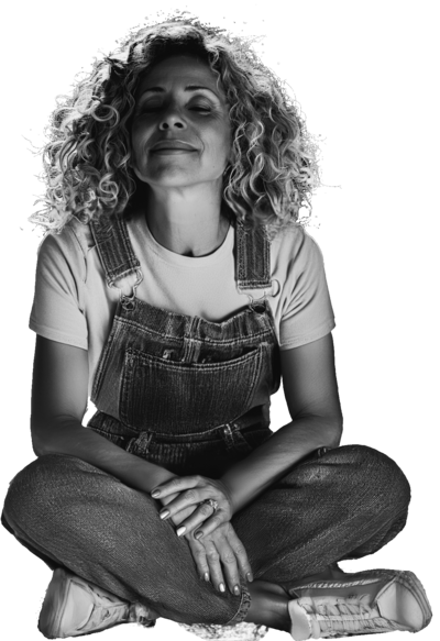 Cosmic starry background with Lidia Ranieri sitting cross-legged, symbolising the journey from corporate wisdom to cosmic insight