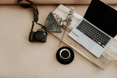 Desktop with Laptop, Camera, Eucalyptus  and Coffee Mug