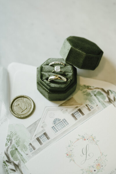 flatlay with ringbox and watercolor envelope