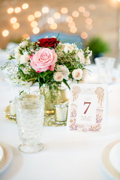 Detail wedding photo in Boone, NC of a floral table centerpiece at a wedding.