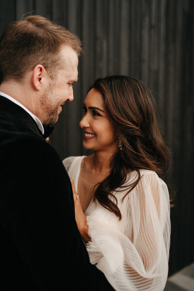 couple having a cute moment at their yarra valley wedding