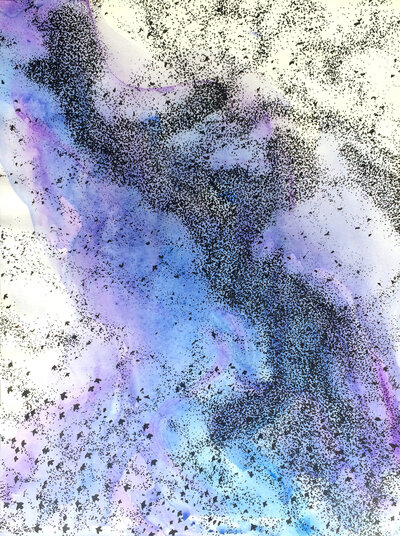 Collection of abstract paintings with overlapping patterns, bold lines, and textured details, exploring the chaos theory as it manifests in organic life and nature.