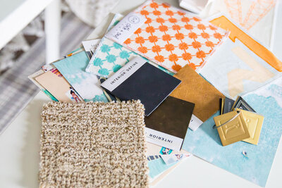 Pile of color swatches, patterns and fabric samples