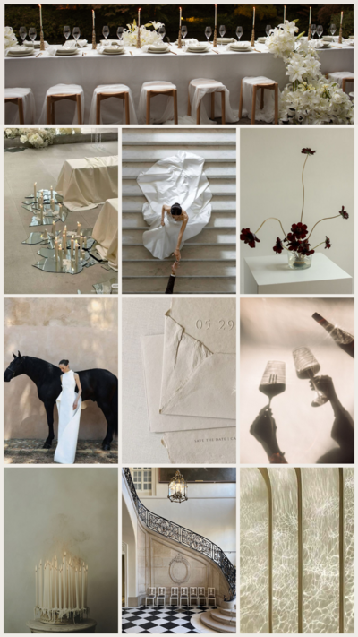 Clean Editorial wedding mood board with sculptural florals, architectural spaces, and minimalist details in black, white, and stone.