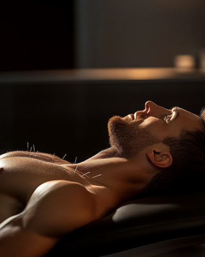 Close-up of acupuncture needles applied during a sports medicine acupuncture session
